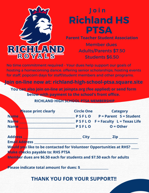 Join PTSA Parent Teacher Organization Richland Royals Member Dues Adults/Parents $7.50 Students $6.50 No time commitment requ